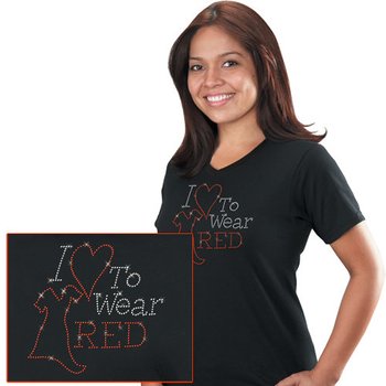 I Heart To Wear Red Women's Cut V-Neck Rhinestone T-Shirt