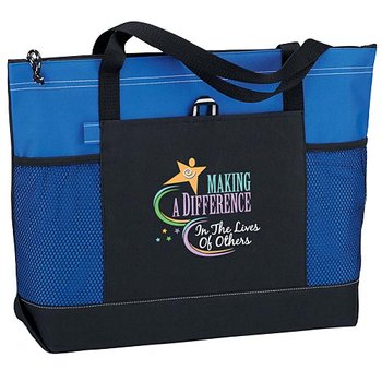 Making A Difference In The Lives Of Others Multi-Pocket Zippered Tote (Blue)