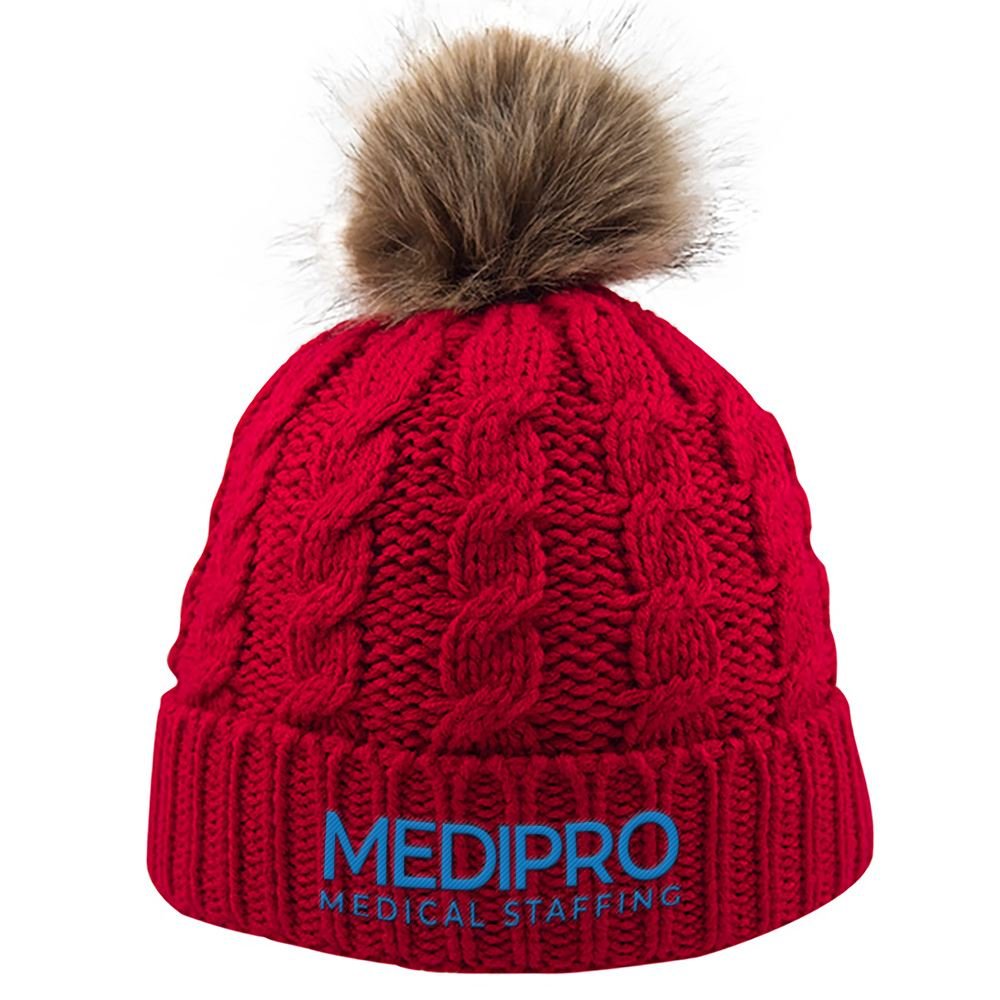 Cable-Knit Beanie With Faux Fur Pom Cuff Embroidered