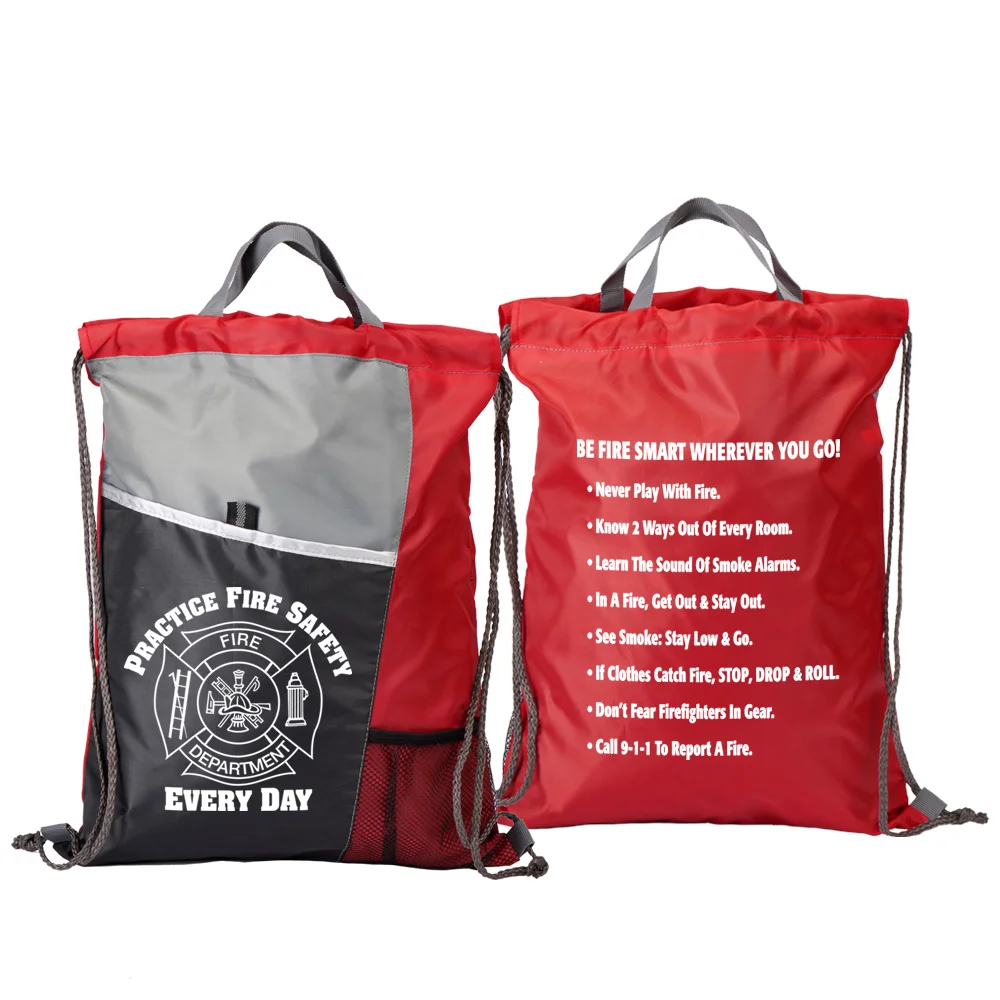 Practice Fire Safety Every Day Drawstring Backpack with Fire Safety Tips | Positive Promotions Practice Fire Safety Every Day Drawstring Backpack with Fire Safety Tips | Positive Promotions