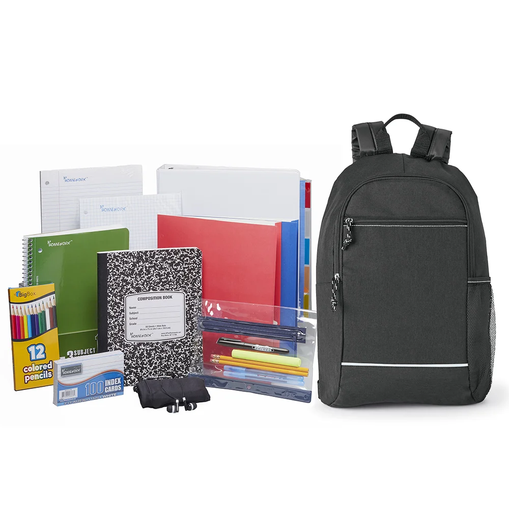 Black Belmont Reflective Backpack With Deluxe Back-to-School Supply Kit: Grades 6-8 - Personalization Available | Positive Promotions Black Belmont Reflective Backpack With Deluxe Back-to-School Supply Kit: Grades 6-8 - Personalization Available | Positive Promotions