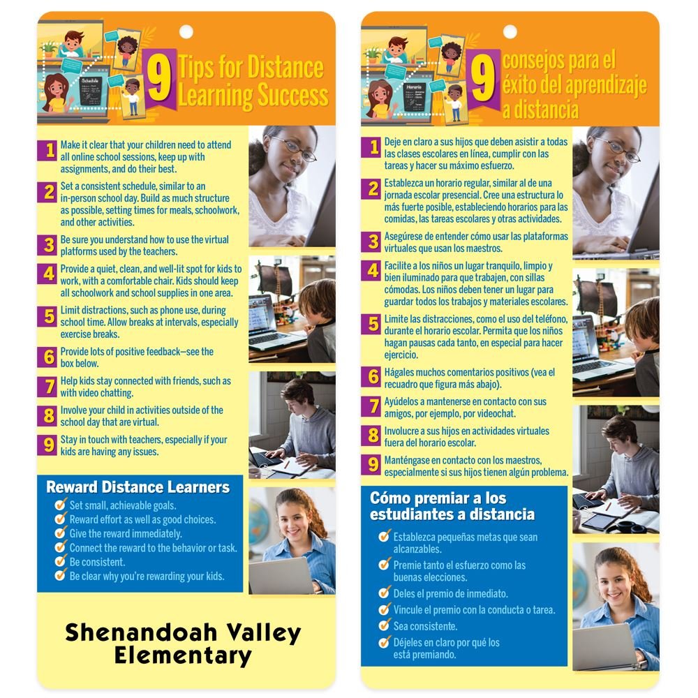 9 Tips For Distance Learning Success Two-Sided English/Spanish Glancer - Personalization Available
