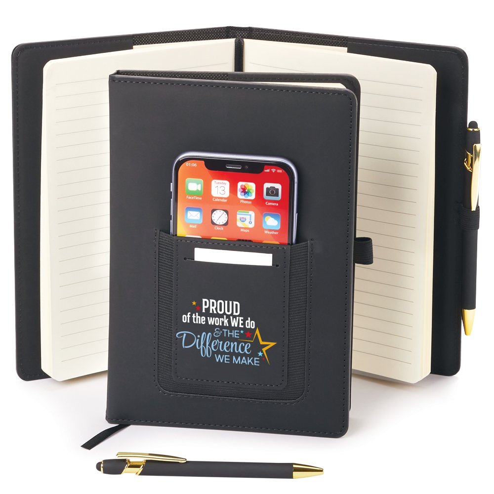 Proud of the Work We Do Eastland Refillable Journal with Phone Pocket & Stylus Pen