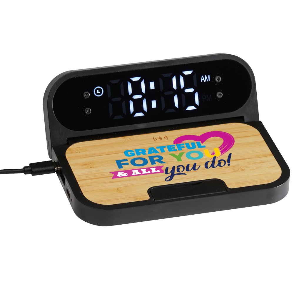 Grateful for You & All You Do! Bamboo 2-in-1 Wireless Charging Pad with Digital Clock