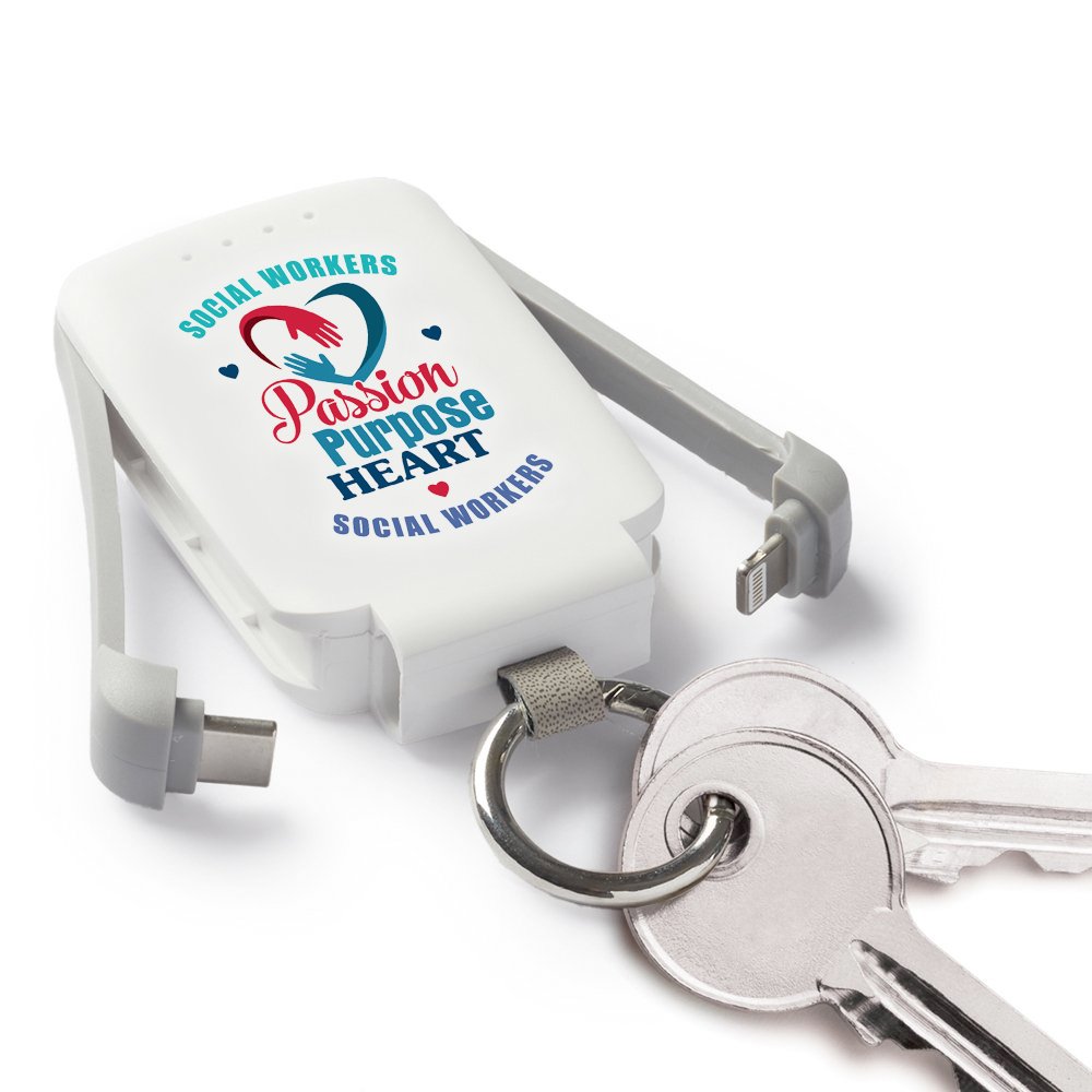 Social Workers: Passion, Purpose, Heart 3-in-1 2,000-mAh Mini Power Bank With LED Light & Keychain Ring