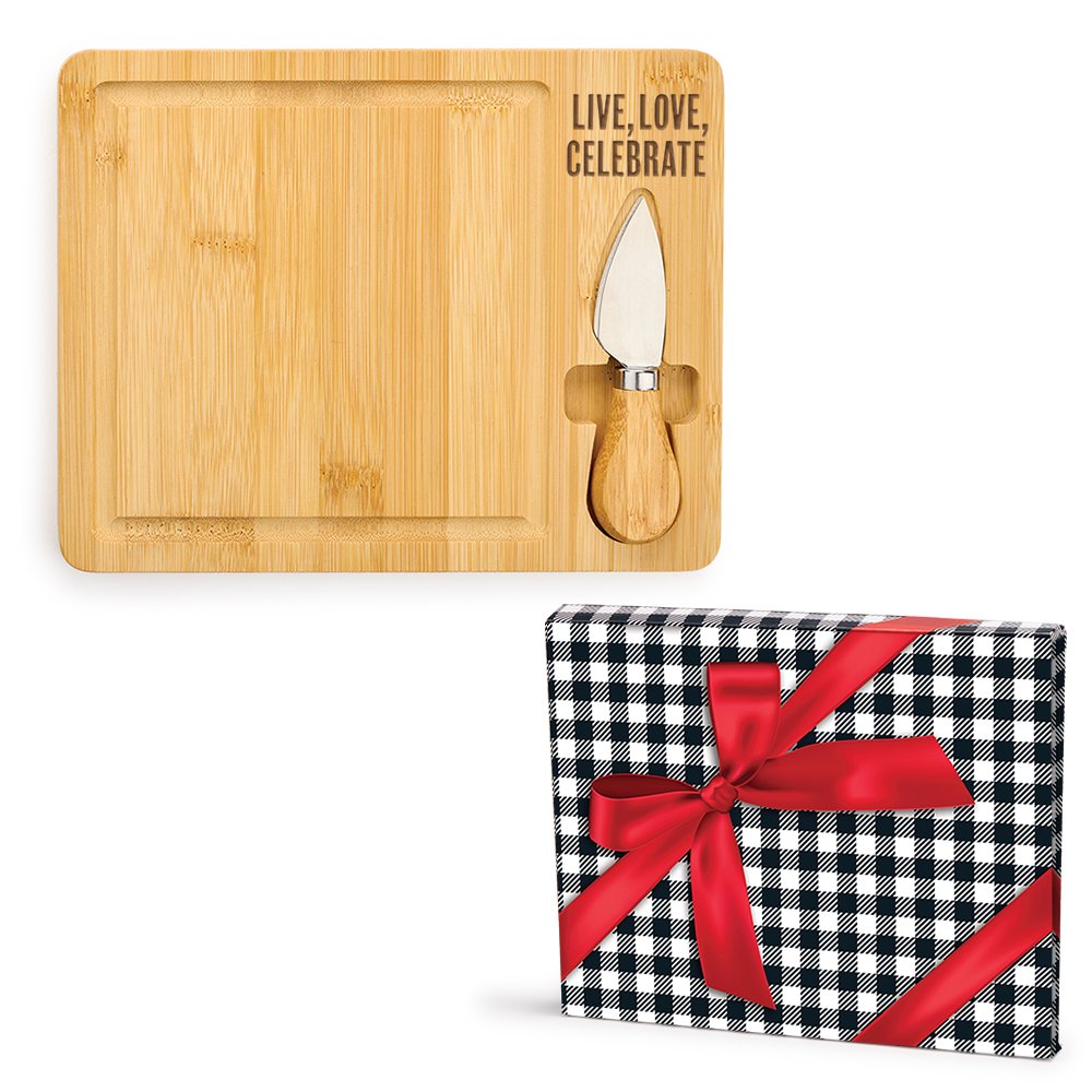 Live, Love, Celebrate Bamboo Board With Knife in Holiday Gift Box