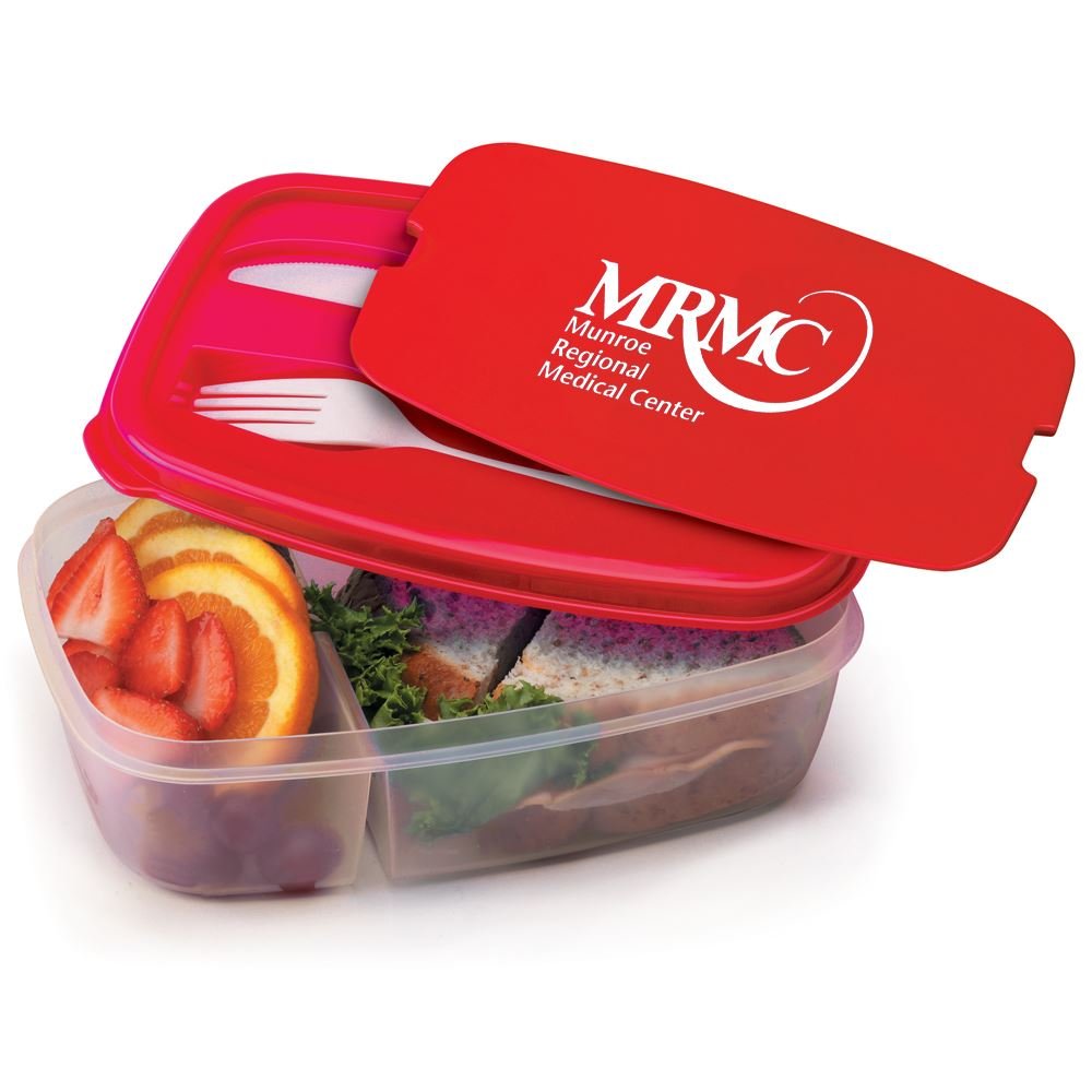 Red 2-Section Food Container With Utensils - Personalization Available