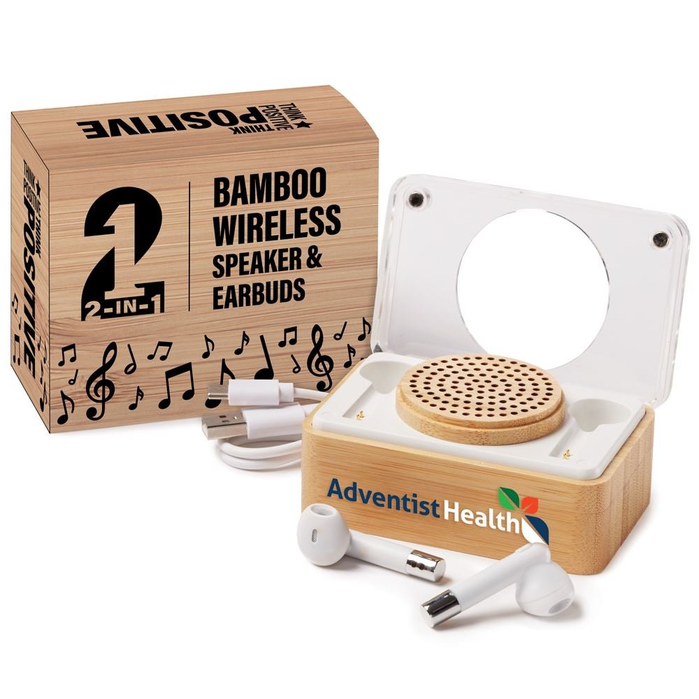 Lennon 2-In-1 Bamboo Bluetooth® Earbuds & Wireless Speaker - Personalization Available