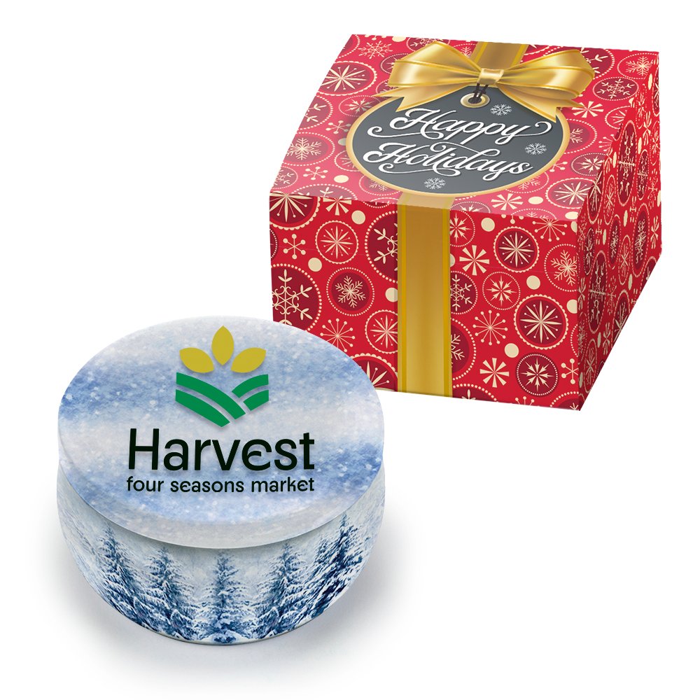 Light Winter Scene Soy Candle in Holiday Tin in Holiday Gift Box - Personalization Available