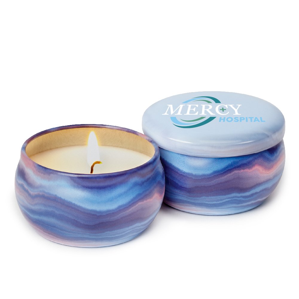 Soy Candle in Blue Marble Tin - Personalization Available