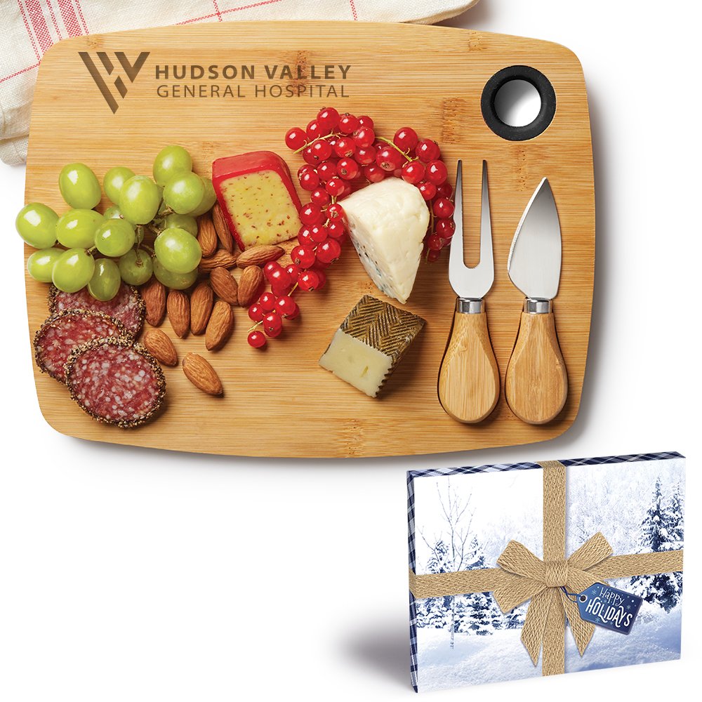 Bamboo Charcuterie Cheese Board With Cutlery Set in Holiday Gift Box - Laser-Engraved Personalization Available