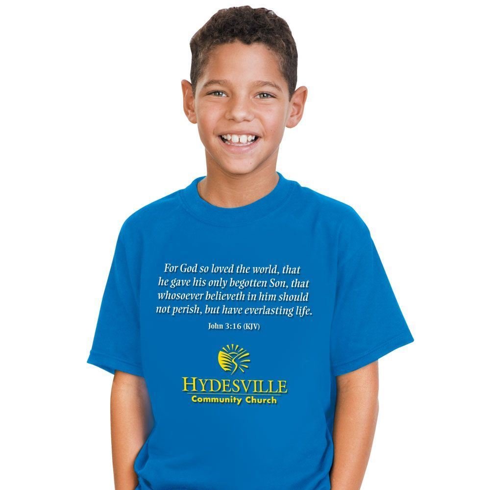 Youth Size Short Sleeve T-Shirt With Religious Slogan and Personalization