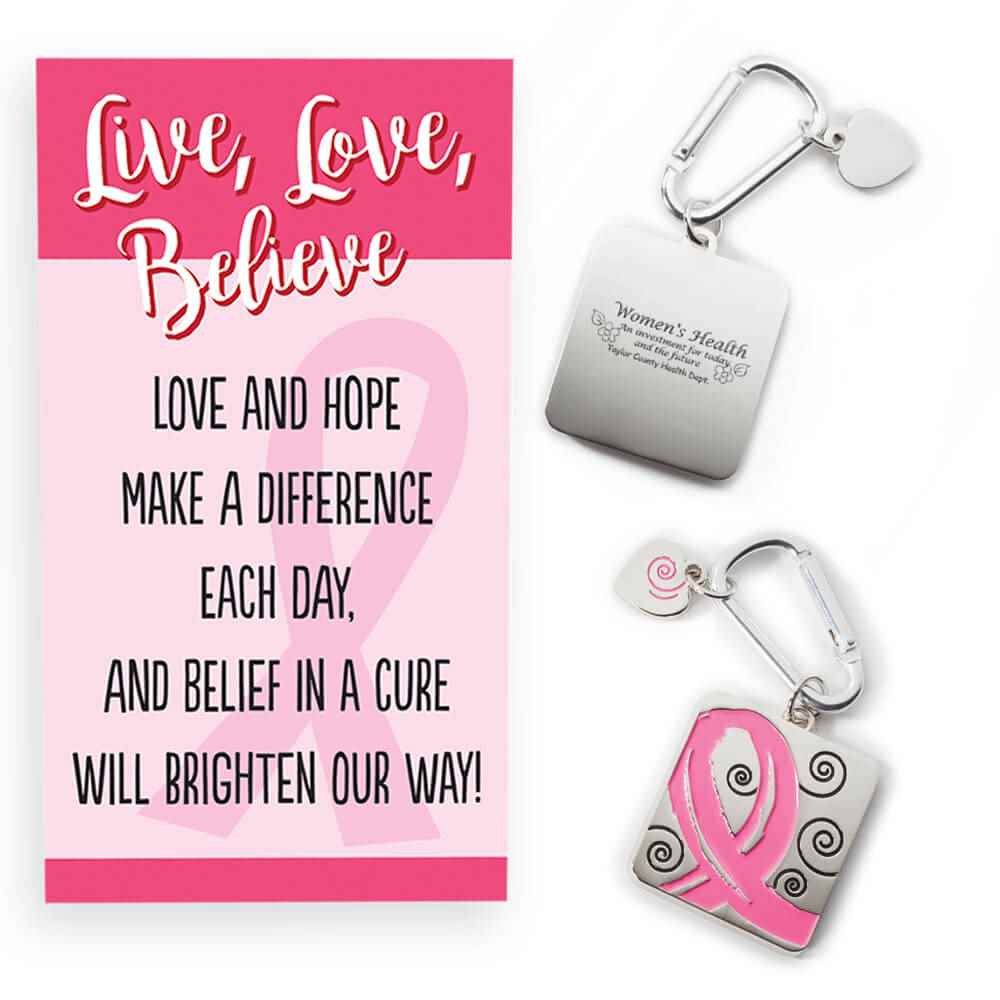 Pink Ribbon Metal Key Tag With Carabiner & Keepsake Card Plus Personalization