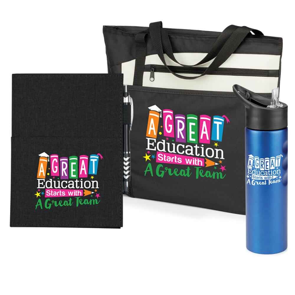 A Great Education Starts With A Great Team Tote Bag, Journal, & Water Bottle Combo