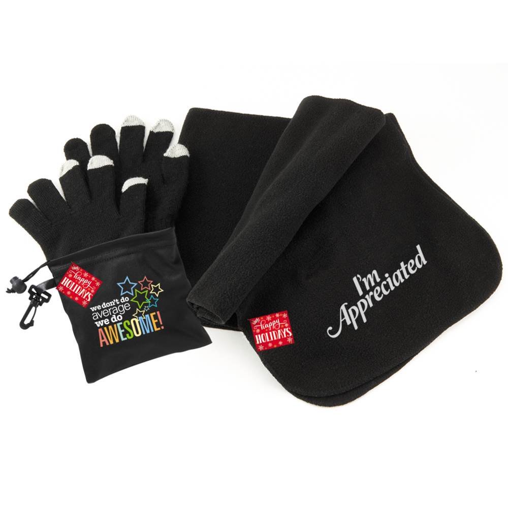 Touchscreen Gloves & Embroidered Fleece Scarf Gift Set with Holiday Gift Card