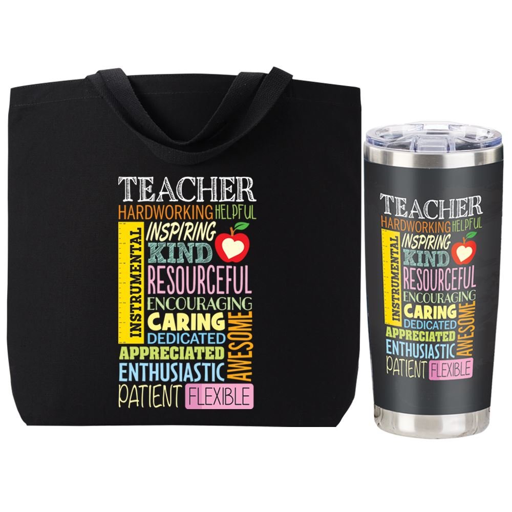 Teacher Word Cloud Insulated Tumbler & Harrison Tote Bag Gift Set