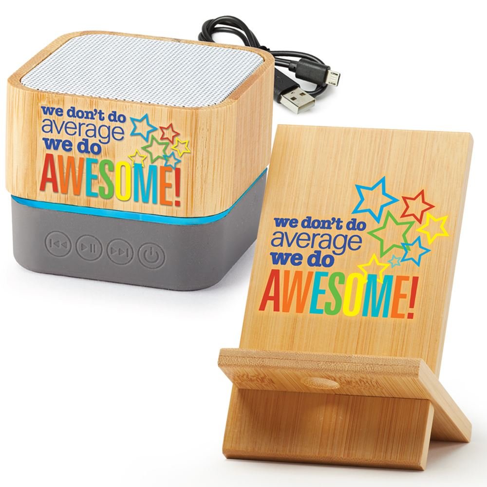 We Don't Do Average; We Do Awesome! Bamboo Light-Up Bluetooth® Speaker and Phone/Tablet Holder Gift Set