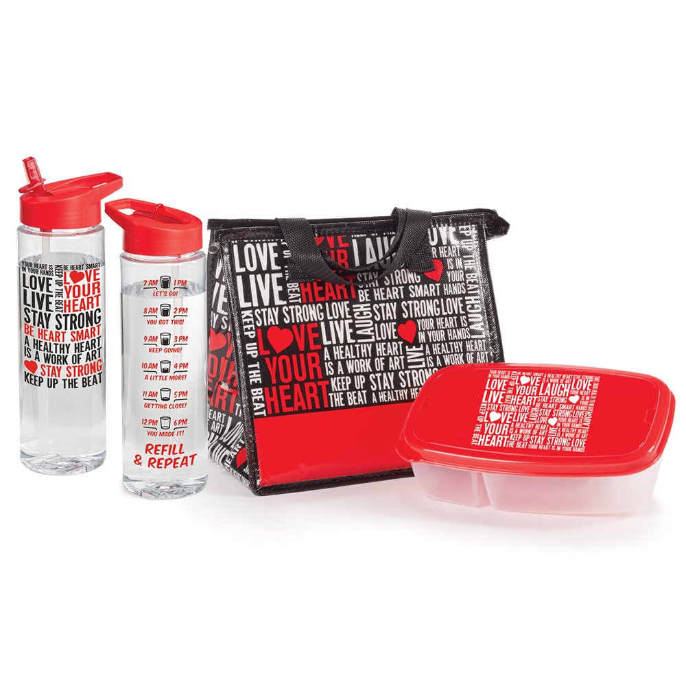 Love Your Heart Word Cloud Eco-Friendly Laminated Insulated Lunch Bag, 2-Section Food Container, & Solara Water Bottle Gift Set