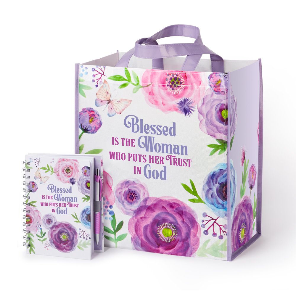 Blessed Is the Woman Who Puts Her Trust in God Laminated NonWoven Tote & Spiral Notebook Gift