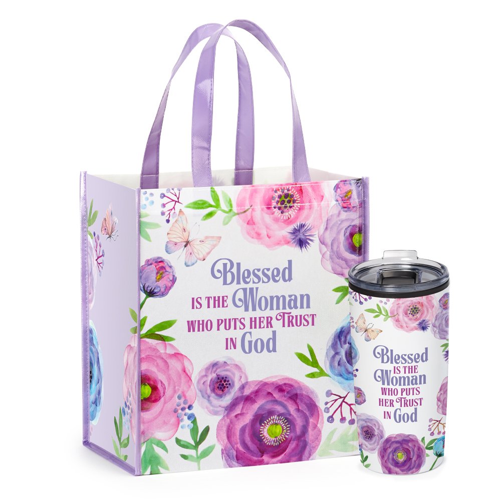 Blessed Is the Woman Who Puts Her Trust in God Teton Tumbler & Laminated Tote Bag Gift Set