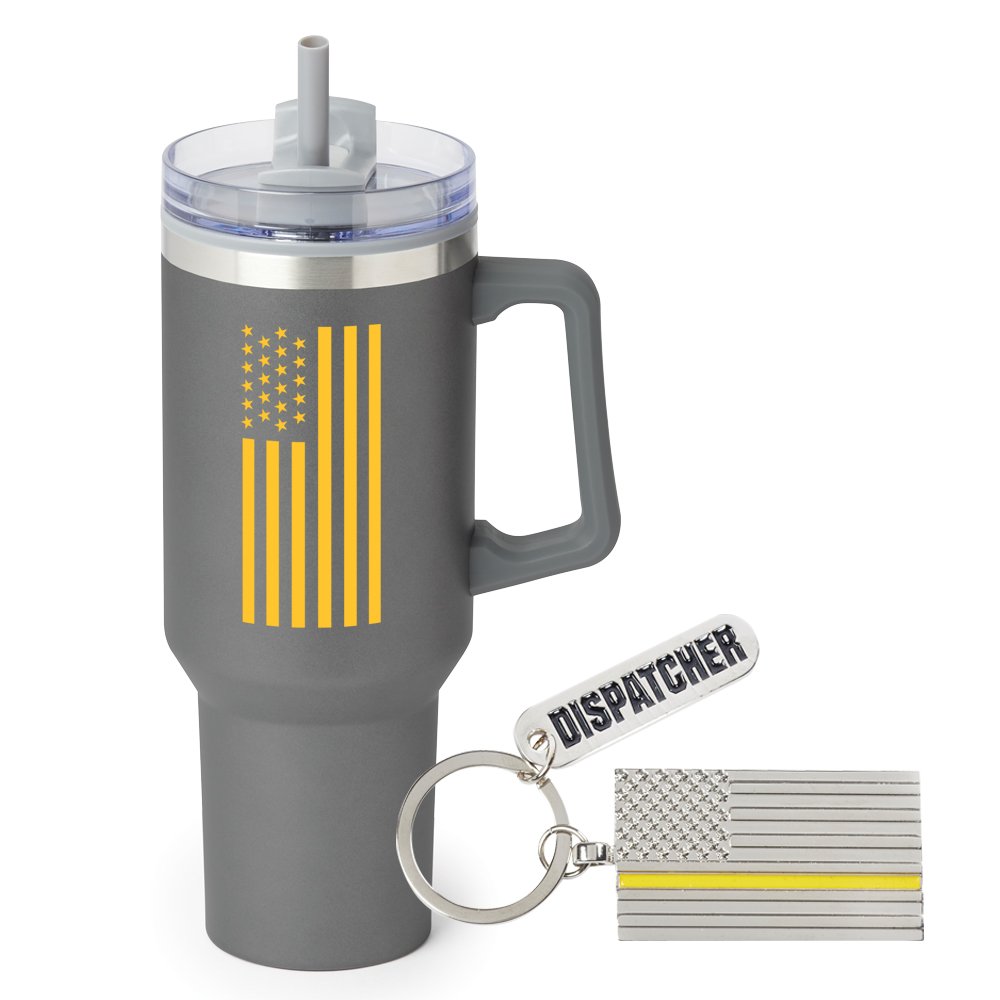 Dispatchers Epic Stainless-Steel Tumbler 40 oz. with Handle & Thin Gold Line Key Tag Gift Set
