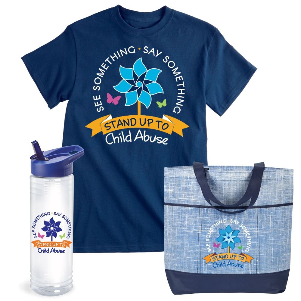 See Something. Say Something. Stand Up To Child Abuse Tote, T-Shirt & Water Bottle Gift Set