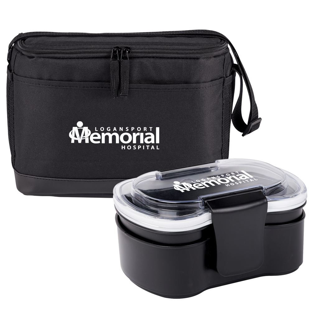 Black Avalon Lunch/Cooler Bag With Placemat & Black 2-Tier Locking Food Container Gift Set - Personalization Available