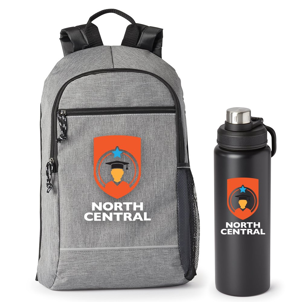 Gray Bayside Backpack & Black Atlanta Water Bottle Gift Set - Personalization Available
