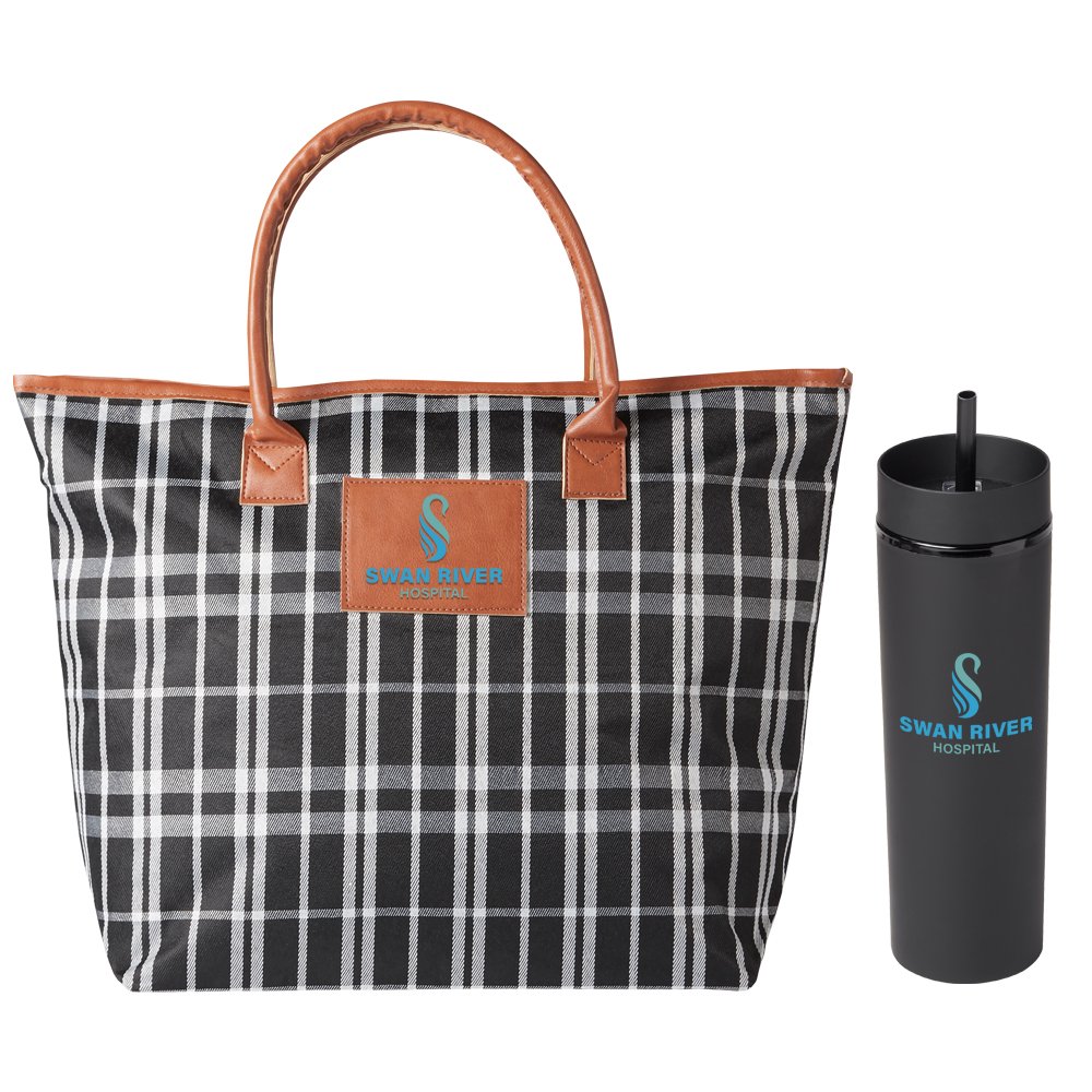 Plaid Carryall Tote Bag & Canyon 2-in-1 Tumbler & Sipper 16 oz. Gift Set - Personalization Available