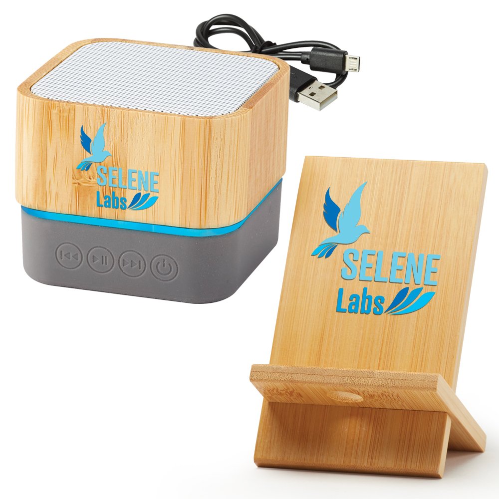 Bamboo Light-Up Bluetooth® Speaker and Phone/Tablet Holder Gift Set - Personalization Available