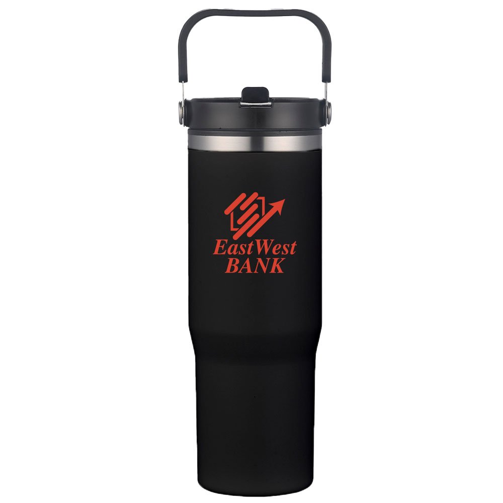 Boom Stainless-Steel & Plastic-Lined Mug Tumbler 30 oz. With Flip Straw & Top Carry Handle - One-Color Personalization Available