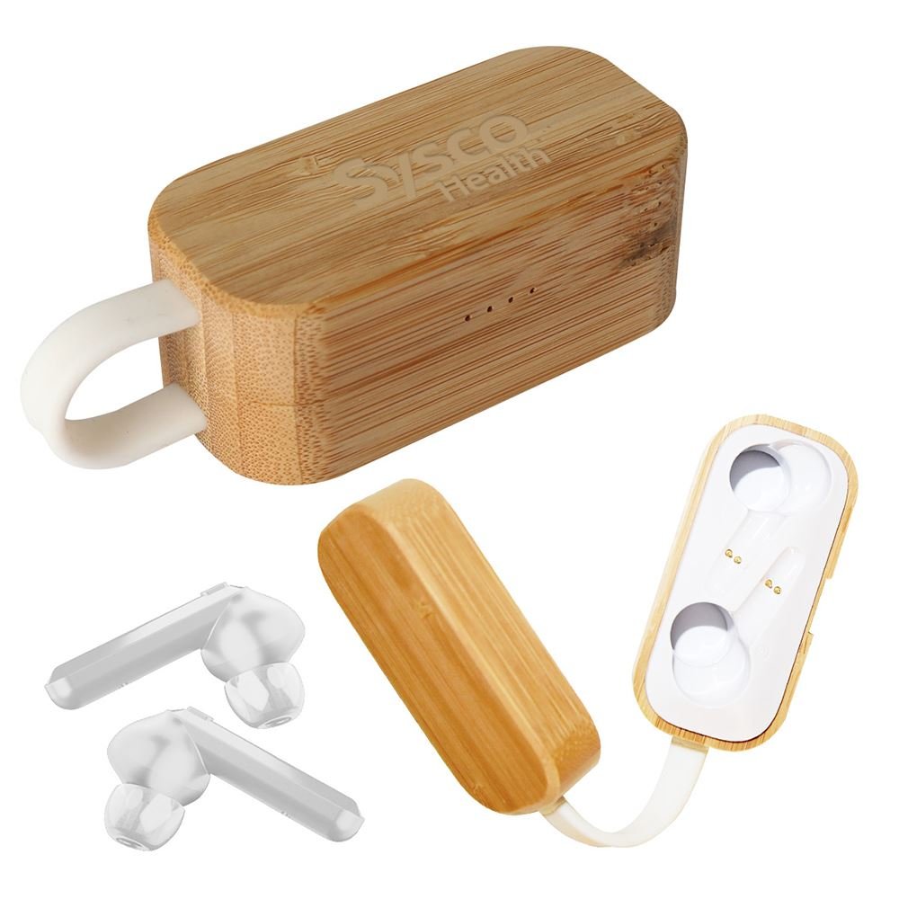 True Wireless Earbuds & Bamboo Charging Case - Laser-Engraved Personalization Available