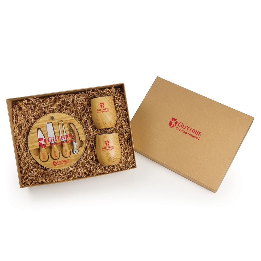 Bamboo Cheese Platter & Stemless Tumblers Gift Set with Kraft Box - Personalization Available