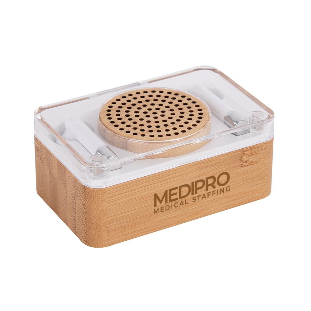 2-In-1 Bamboo Speaker With Wireless Earbuds - Laser-Engraved Personalization Available