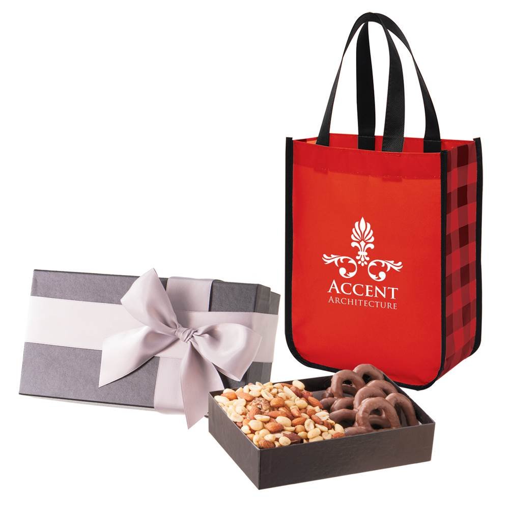 Executive Gift Set With Shiny Non-Woven Northwoods Tote Bag and Chocolate-Covered Pretzels - Personalization Available