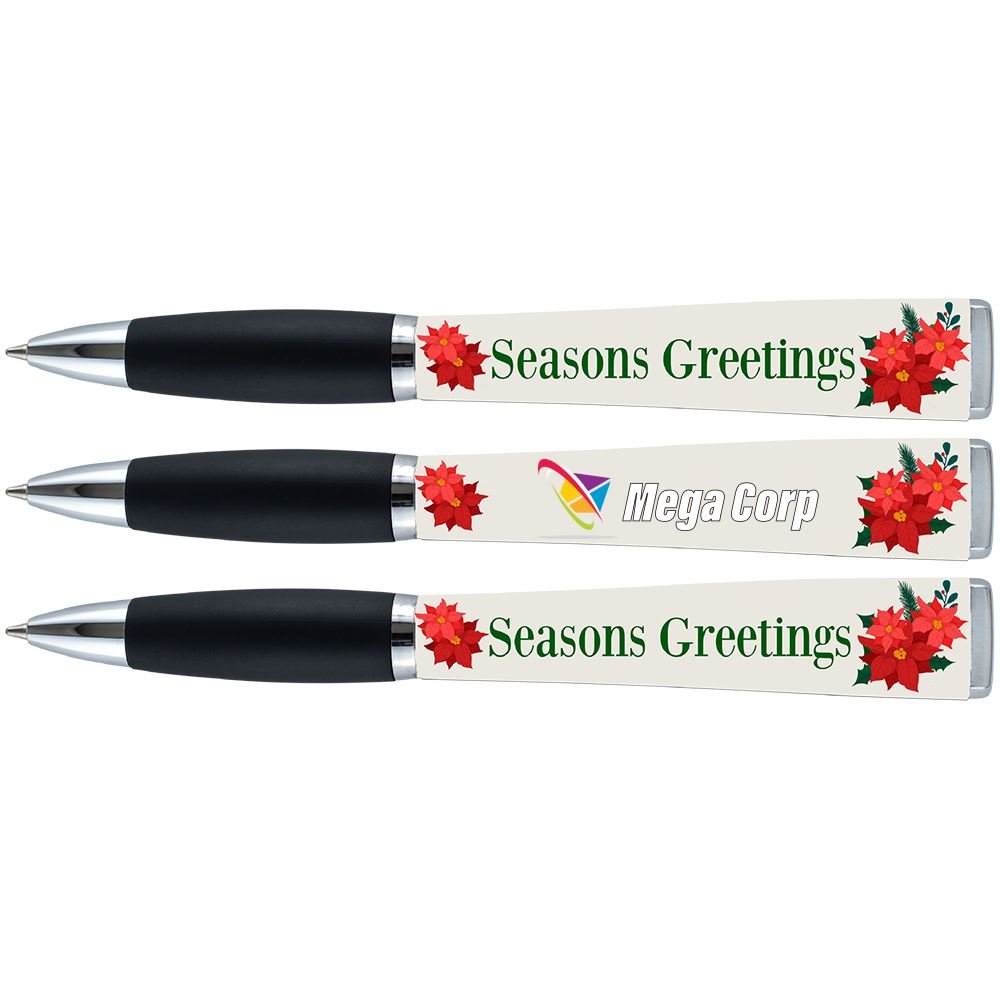 Poinsettia Seasons Greetings Three-Sided Ad Pen - Personalization Available