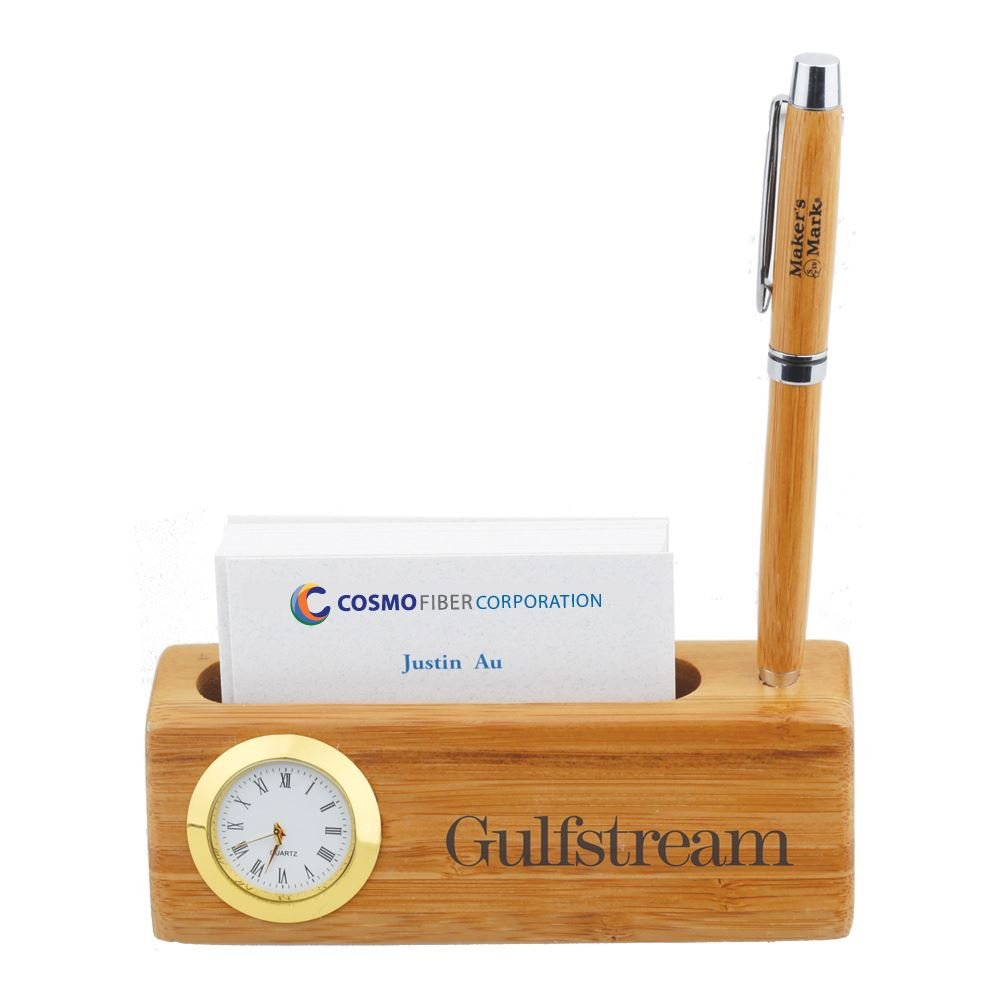 Bamboo Business Card & Pen Holder Clock - Laser-Engraved Personalization Available