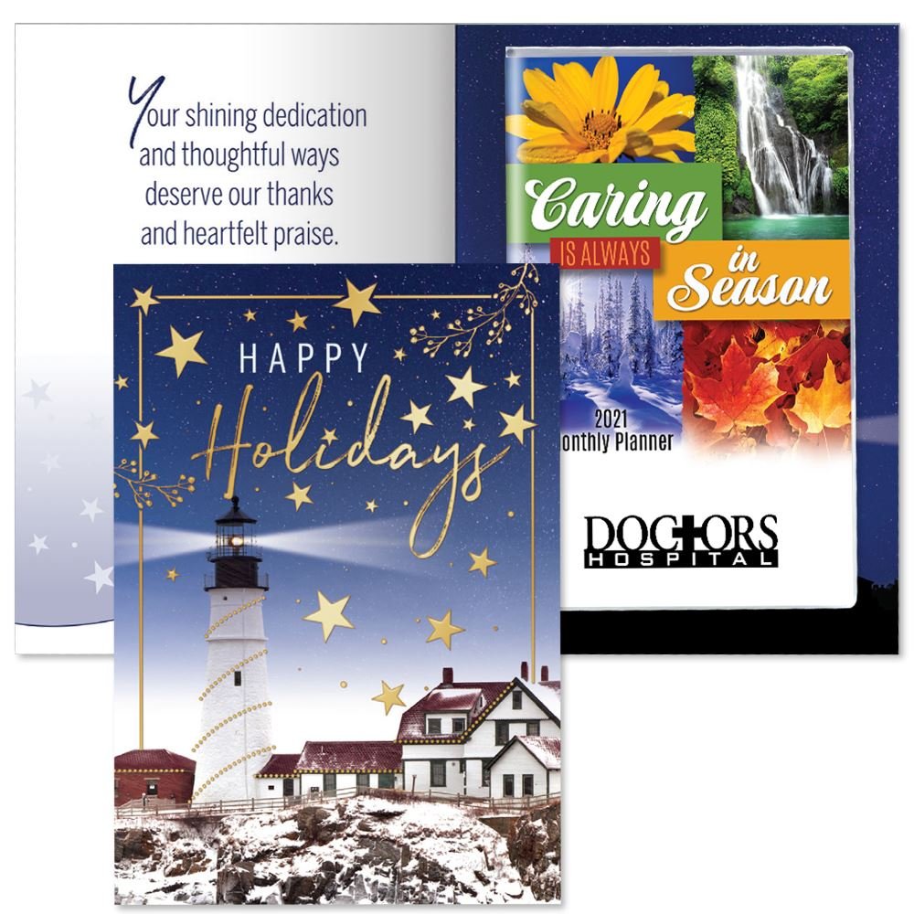Happy Holidays Lighthouse Greeting Card With 2021 Caring Planner - Personalization Available