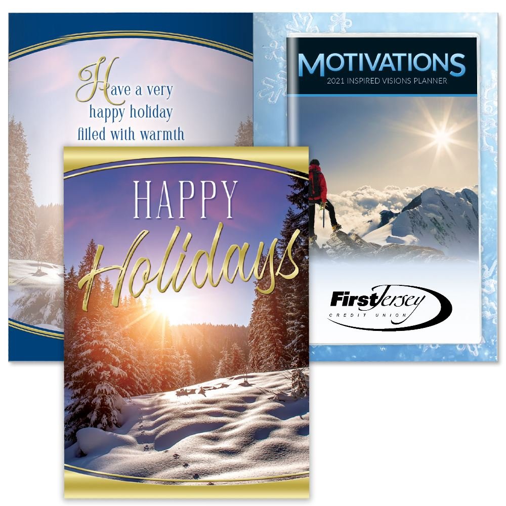 Happy Holidays Snowscape Greeting Card With 2021 Motivations Planner - Personalization Available