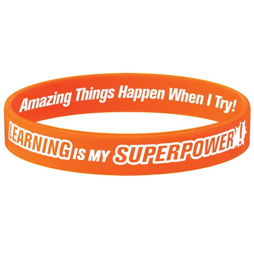 Learning Is My Superpower! Neon Orange Growth Mindset 2-Sided Silicone Bracelets - Pack of 10
