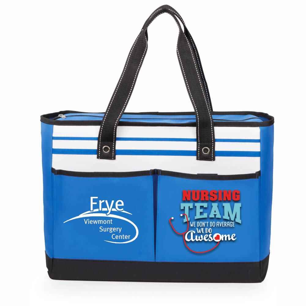 Nursing Team: We Don't Do Average, We Do Awesome Blue Traveler Two-Pocket Tote Bag Plus Personalization