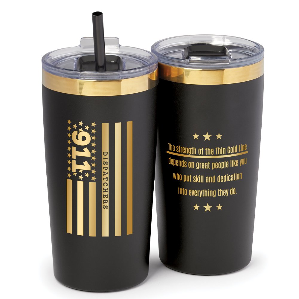911 Dispatchers Flag Gold-Lasered Fremont Double-Wall Stainless-Steel Vacuum Tumbler 20 oz. with Straw