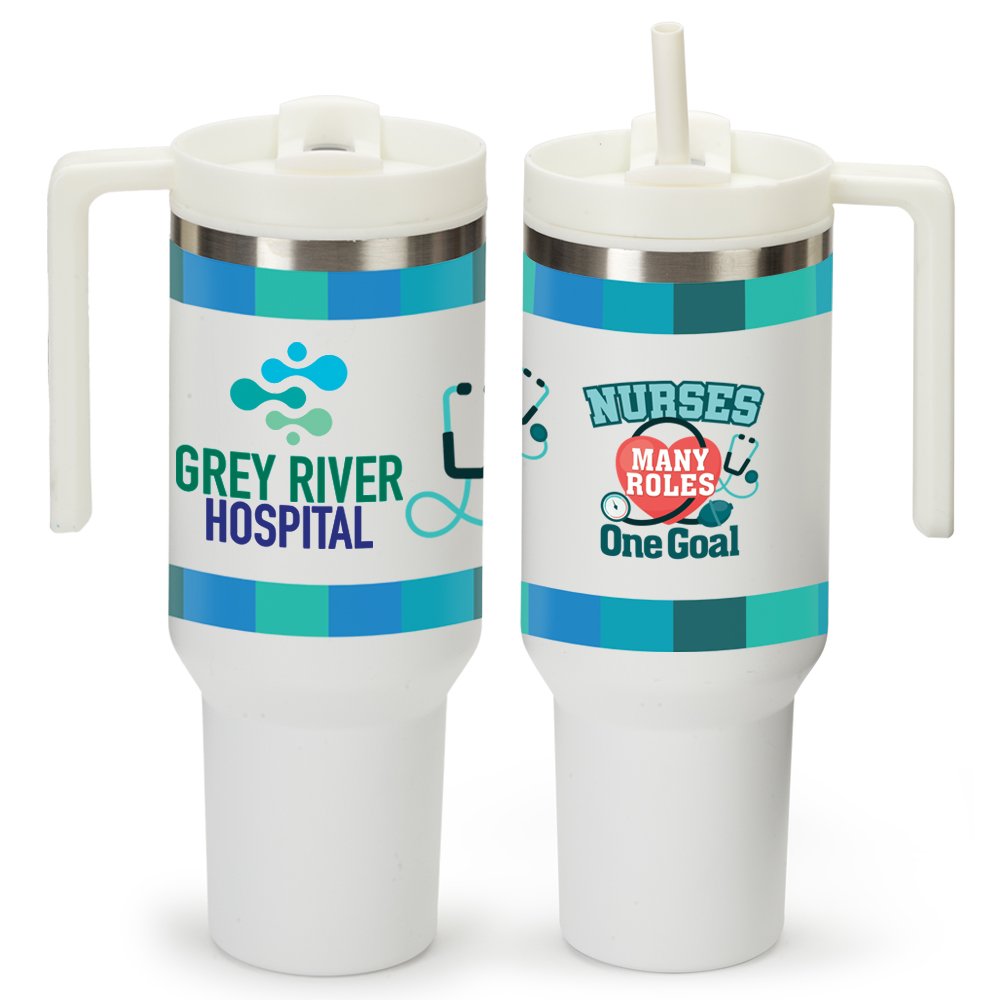 Nurses: Many Roles, One Goal Quencher Stainless-Steel/Plastic-Lined Tumbler 40 oz. With Handle - Personalization Available