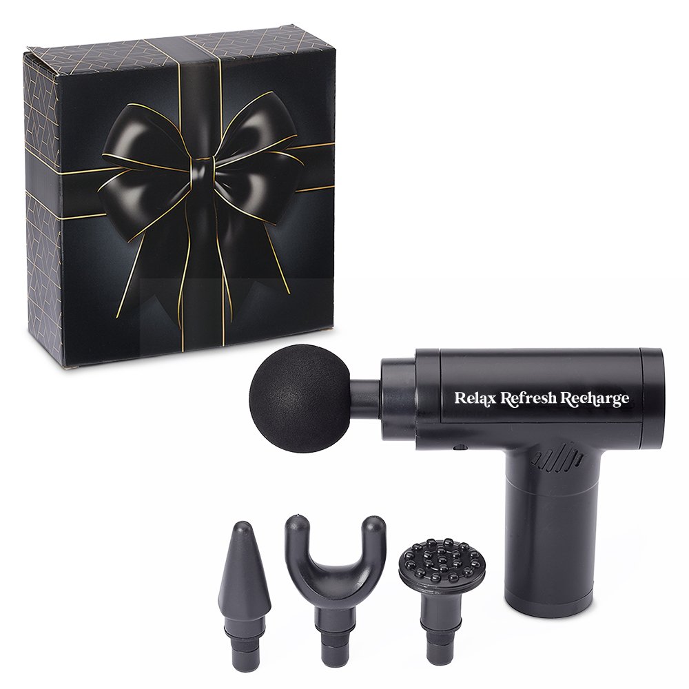Relax, Refresh, Recharge Massage Gun With Changeable Heads in Holiday Gift Box