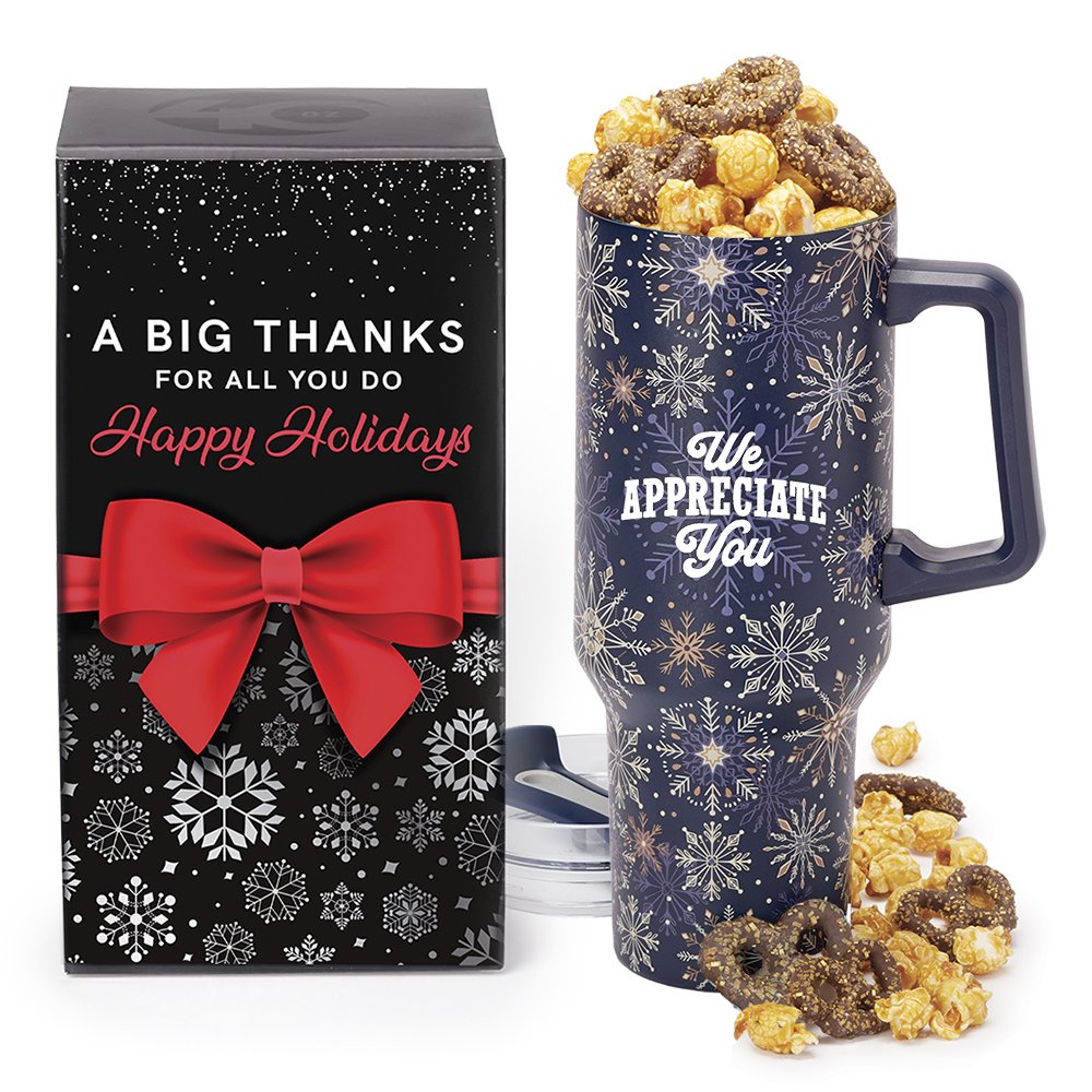 We Appreciate You Navy Snowflake Biggie Thirst Quencher Double-Wall Stainless-Steel Tumbler 40 oz. With Handle & Popcorn/Pretzel Mix in Holiday Gift Box