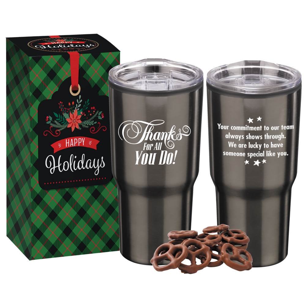 Thanks For All You Do! Titanium Timber Tumbler 20-Oz. With Pretzels in Holiday Gift Box