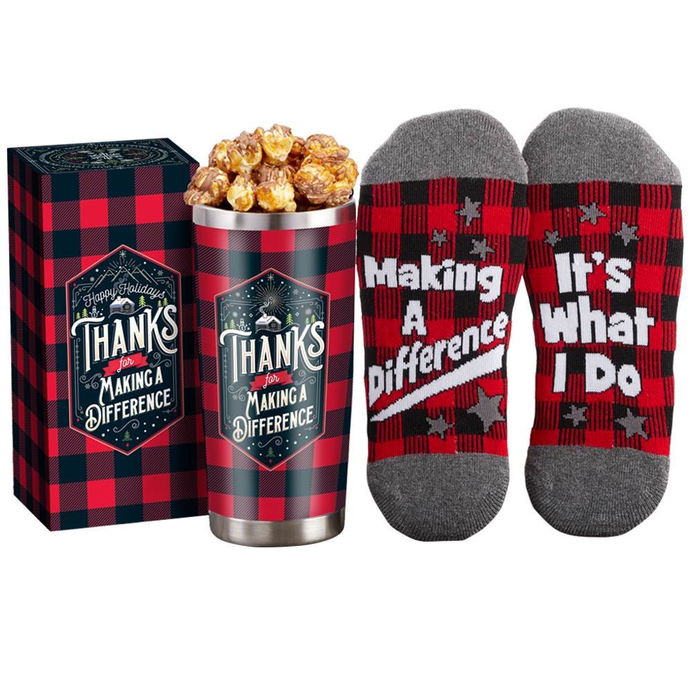 Buffalo Plaid Tumbler with Popcorn & Socks Gift Set with Holiday Wrap