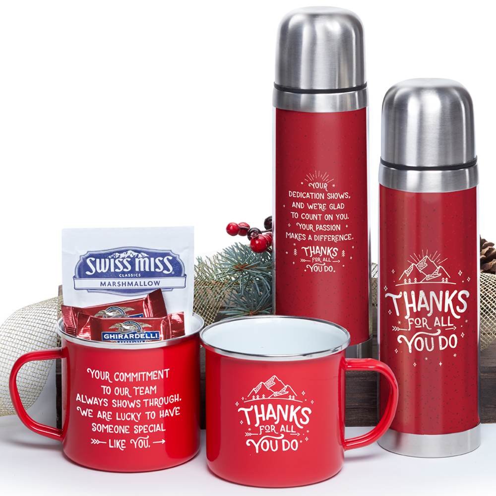 Thanks For All You Do Campfire Mug & Retro Thermos Gift Basket with Holiday Card and Bow