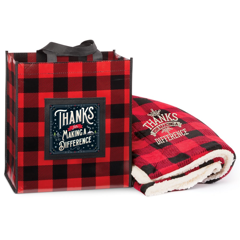 Thanks For Making A Difference Buffalo Plaid Mink Fleece Sherpa Blanket & Laminated Tote Gift Set
