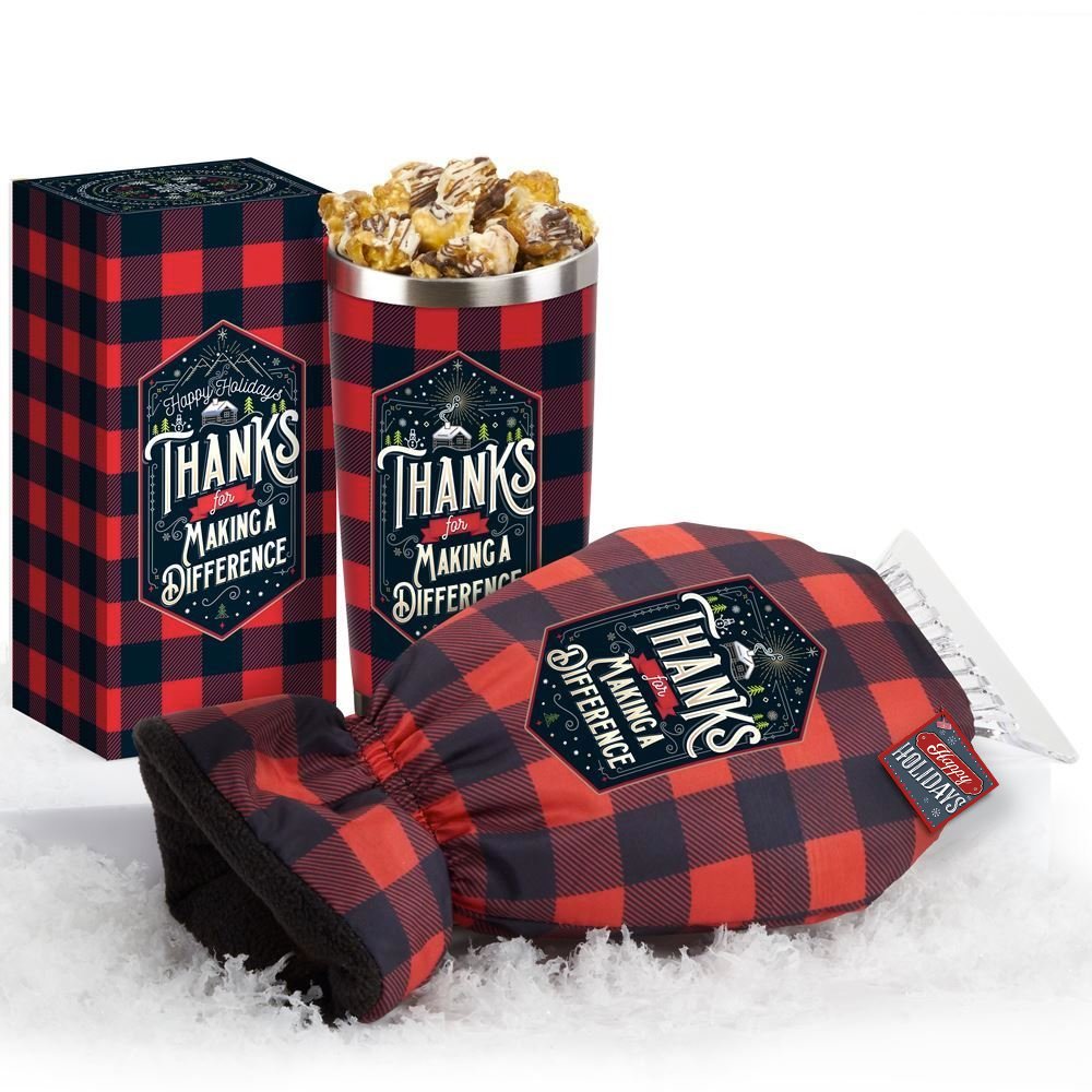 Thanks For Making A Difference Buffalo Plaid Ice Scraper Mitt & Tumbler With Gourmet Popcorn Gift Set With Holiday Gift Wrap